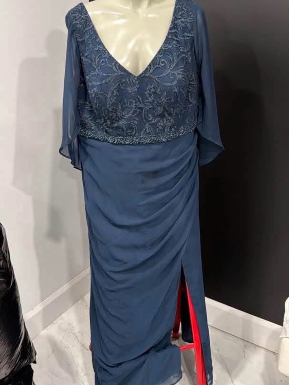 Azazie Dusty Blue Embroidered V-Neck Evening Gown